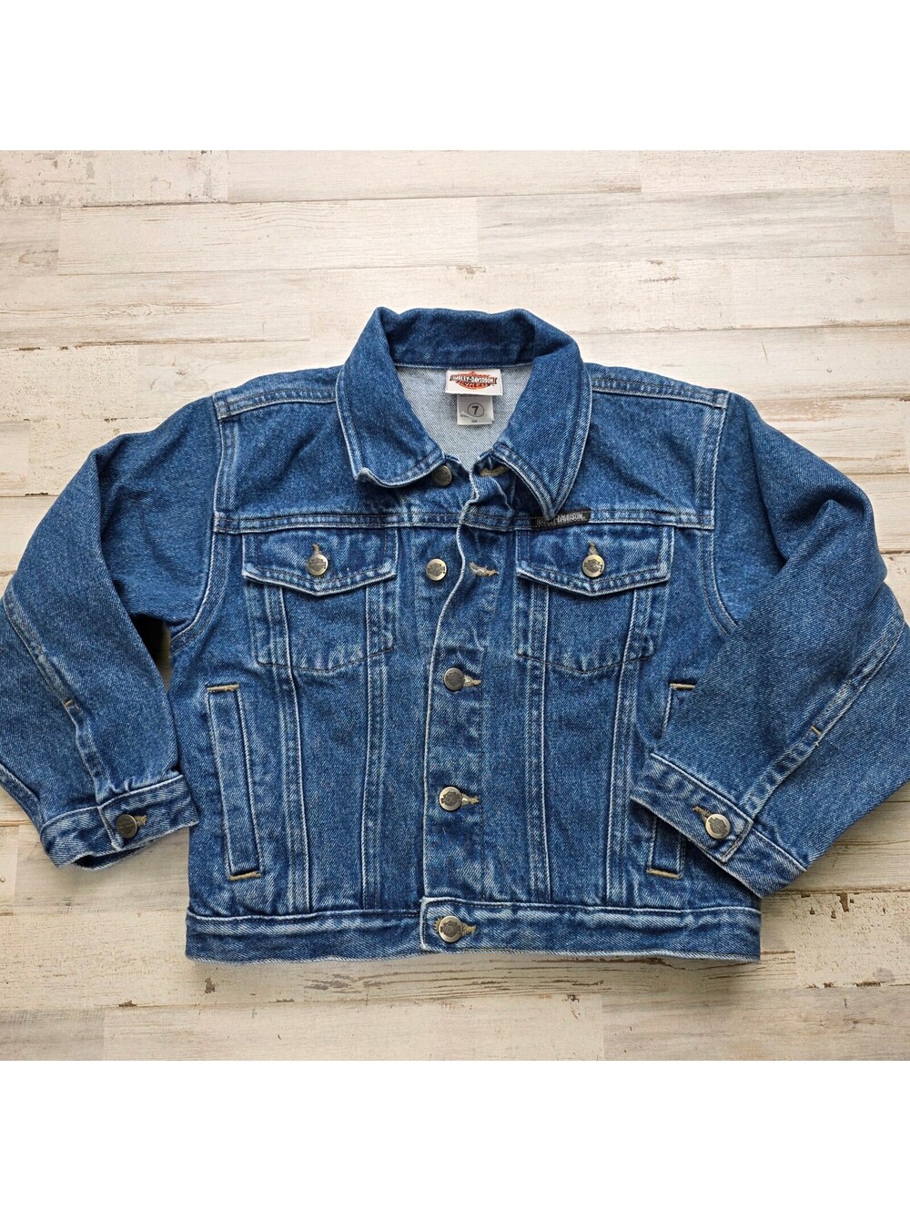 Harley-Davidson Kids Size 7 Blue Denim Jean Jacket Embroidered Logo Patch